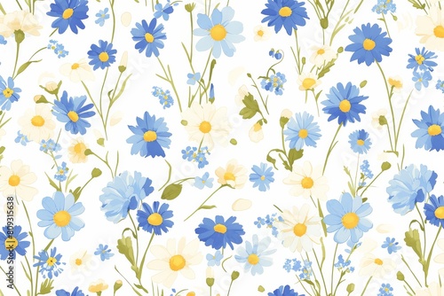 Delicate daisies and forget-me-nots creating a charming and whimsical seamless pattern © Benyafez Studio
