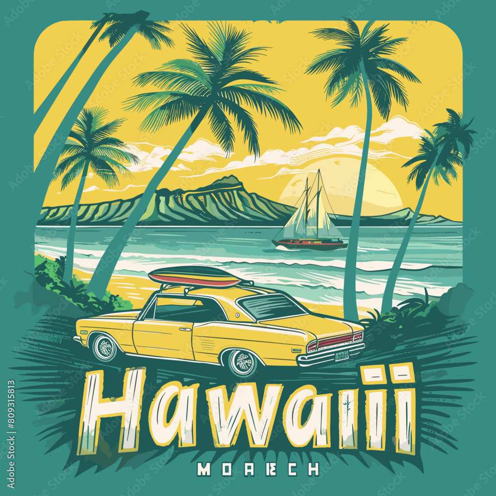 Vintage surfing poster with retro car and palm trees on the beach