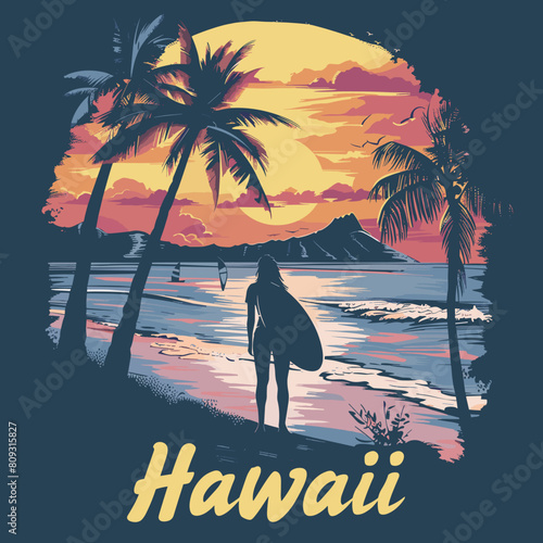Surfer at the beach. Vector illustration on the theme of surfing.