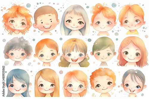 Watercolor paintings, sets of children's faces, male and female, smiling faces, very cute. white background