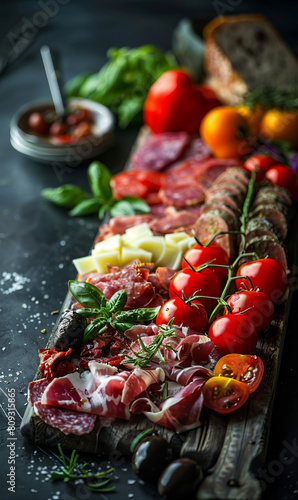An appetizing charcuterie board brimming with a selection of cured meats, cheese, fresh tomatoes, basil, and an egg, artistically arranged on a rustic wooden surface.
