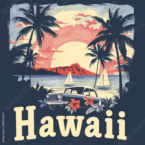 Hawaii retro poster with palm trees and retro car. Vector illustration