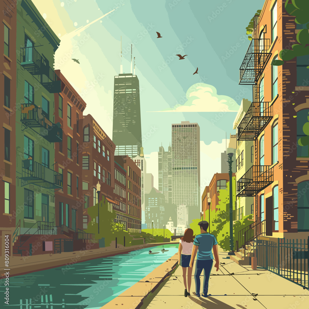 Man and woman walking on the street in the city. Vector illustration.