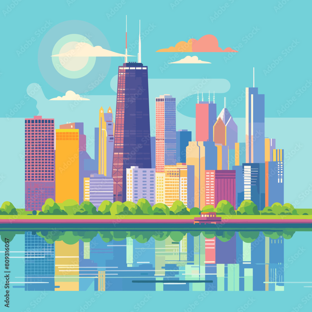 Modern city landscape with skyscrapers in flat style. Vector illustration.