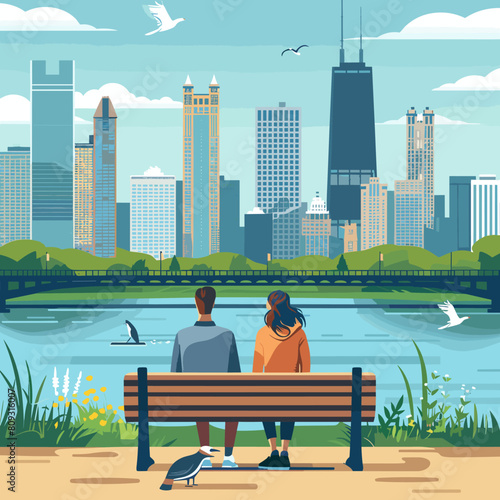 Man and woman sitting on a bench in the city park. Vector illustration