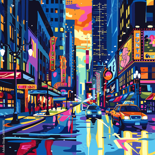 New York City street with buildings and traffic lights. Vector illustration. © whitecityrecords