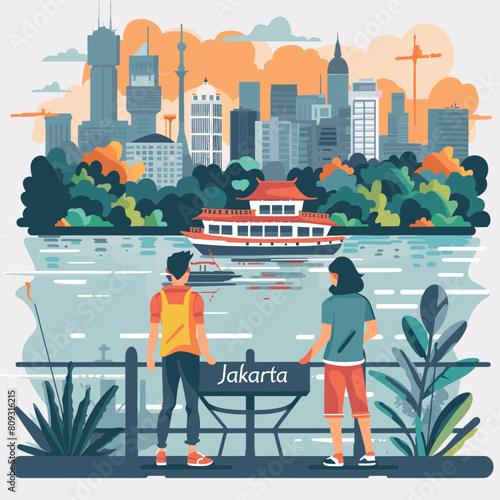 Vector illustration in flat design style. People on the embankment of the river.