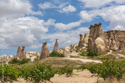 Beautiful view of Fairy Chimneys located near Cavusin. Panoramic view on the valley in Cappadocia with scenic clouds at background. Nevsehir, Turkey (Turkiye)