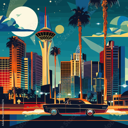 Retro car on the background of the city. Vector illustration.