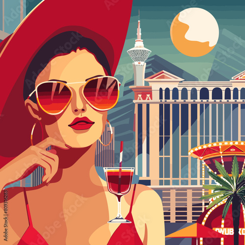 Beautiful young woman in a red hat and sunglasses with a cocktail on the background of the famous Las Vegas strip.