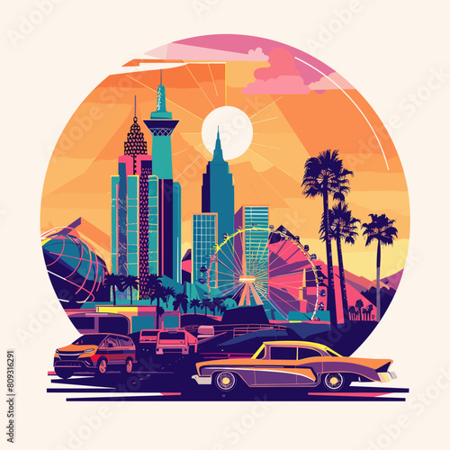 Retro car on the background of the city. Vector illustration.