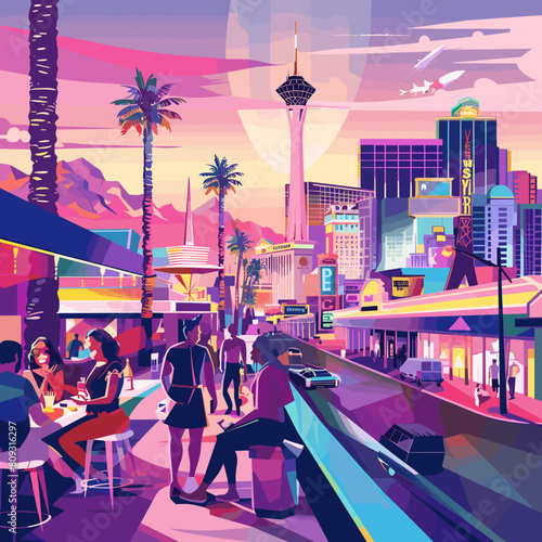 Cityscape with people walking, drinking coffee and eating. Vector illustration