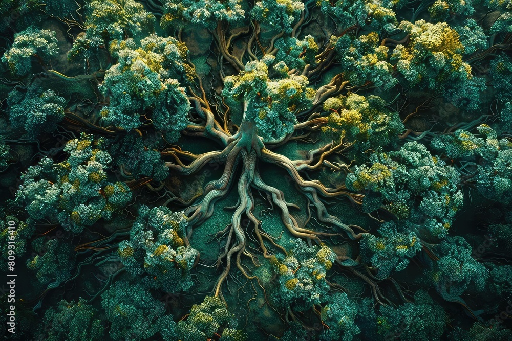 An ancient tree with roots that spread out to form a forest. An ancient tree with roots that spread out to form a forest.