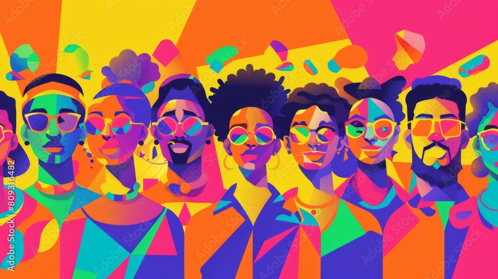 Colorful illustration of diverse LGBTQ+ people celebrating unity