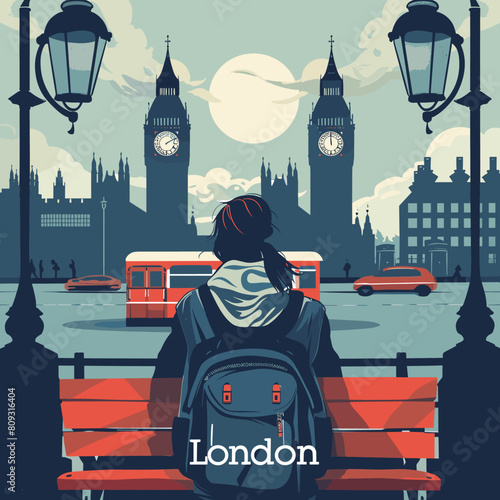 Tourist in London. Vector illustration in flat design style. Girl with backpack looking at Big Ben in London.