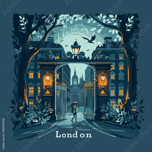 Vector illustration of the famous London city gate with people walking on the street.