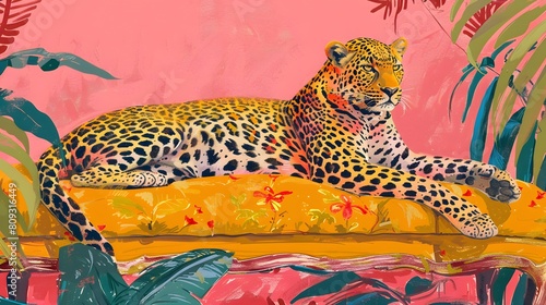 Drawing of a leopard lying on a bright sofa, on a pink background with tropical plants photo