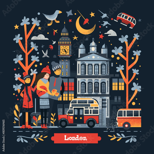 London. Vector illustration in flat design style on a dark background.