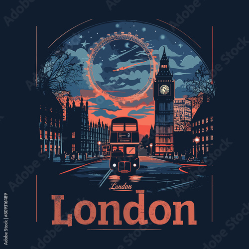 London, vector illustration. Traveling around the world by train.