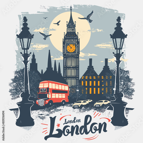 London poster with Big Ben, London bus, lanterns, vector illustration