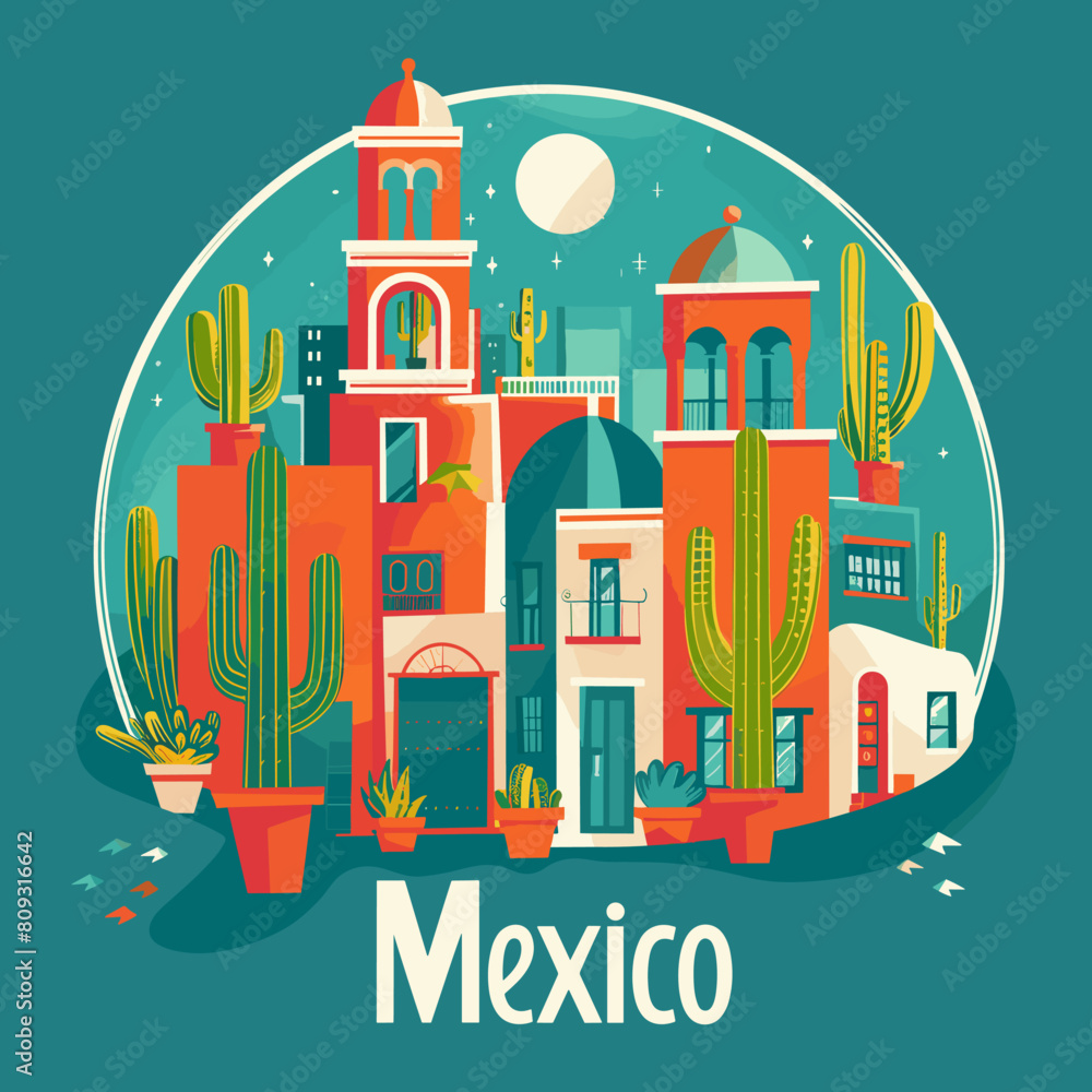 Mexican town with cacti. Vector illustration in flat style