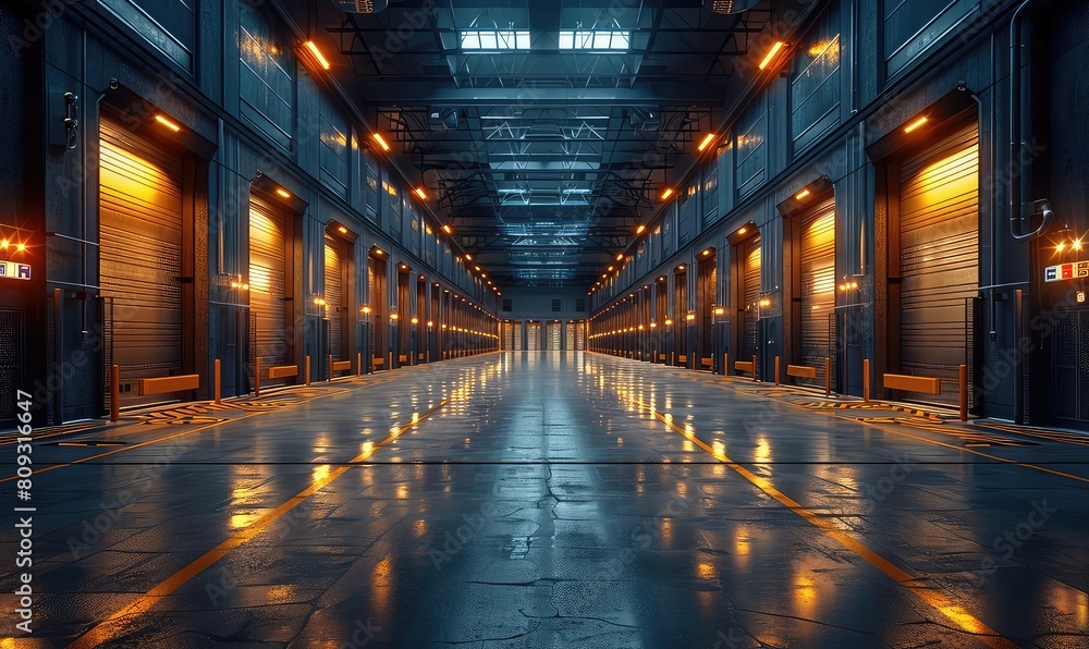 A large, empty warehouse with concrete floors and steel walls. The warehouse is lit by bright overhead lights. There are several large doors at the end of the warehouse. A large, empty warehouse with concrete floors and steel walls. The warehouse is lit by bright overhead lights. There are several large doors at the end of the warehouse.