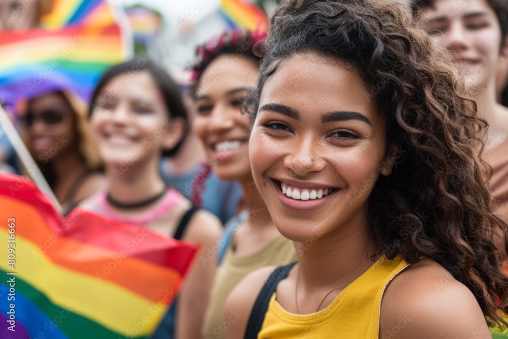 Woman Celebrating at Pride Parade With Colorful Rainbow Flag Woman Celebrating at Pride Parade With Colorful Rainbow Flag
