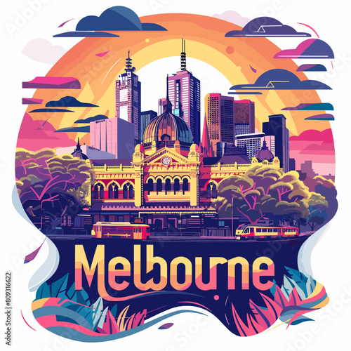 Melbourne Australia city skyline with buildings and skyscrapers, vector illustration