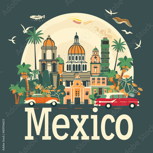 Mexico city poster, vector illustration in flat design style. Travel and tourism concept.