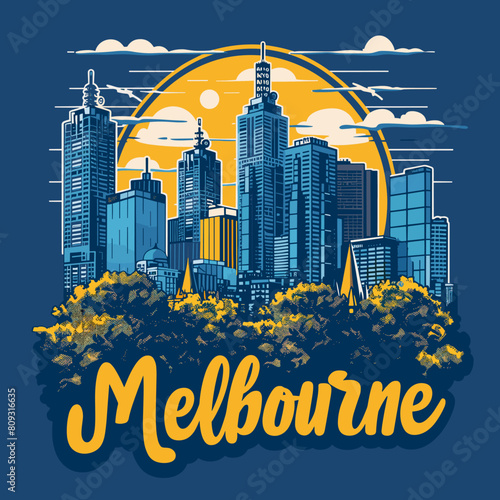 Melbourne skyline with skyscrapers. Vector illustration.
