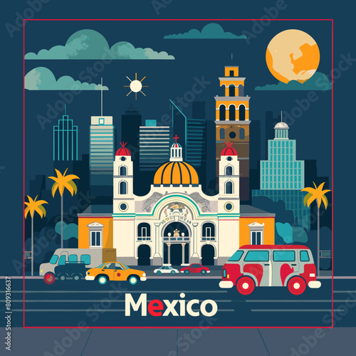 Mexico city illustration in flat design style. Travel and tourism concept.