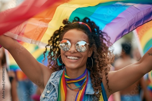 Woman Celebrating at Pride Parade With Colorful Rainbow Flag