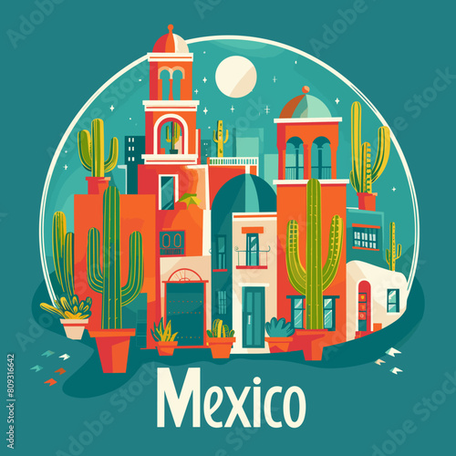 Mexican town with cacti. Vector illustration in flat style