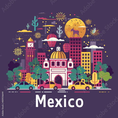 Mexico city vector illustration in flat design style. Cityscape with modern buildings, cars, cactuses, lanterns and other elements.