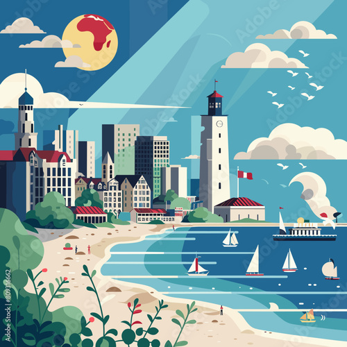 Cityscape of the Baltic Sea. Vector illustration in flat style.