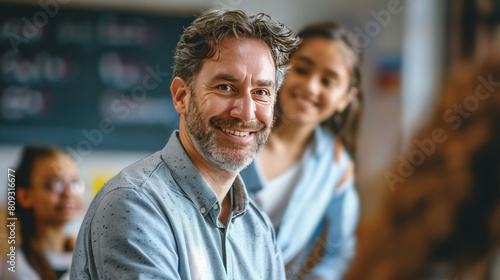 smiling Caucasian middle-aged adult male teacher with his students at school smiling looking at the camera. concept of teaching children at school modern approach