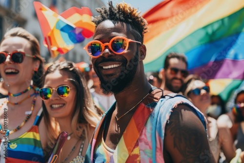 Man Celebrating at Pride Parade With Colorful Rainbow Flag photo