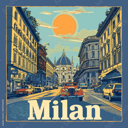 Stock illustration. People on the streets of Milan. Italy. Postcard.