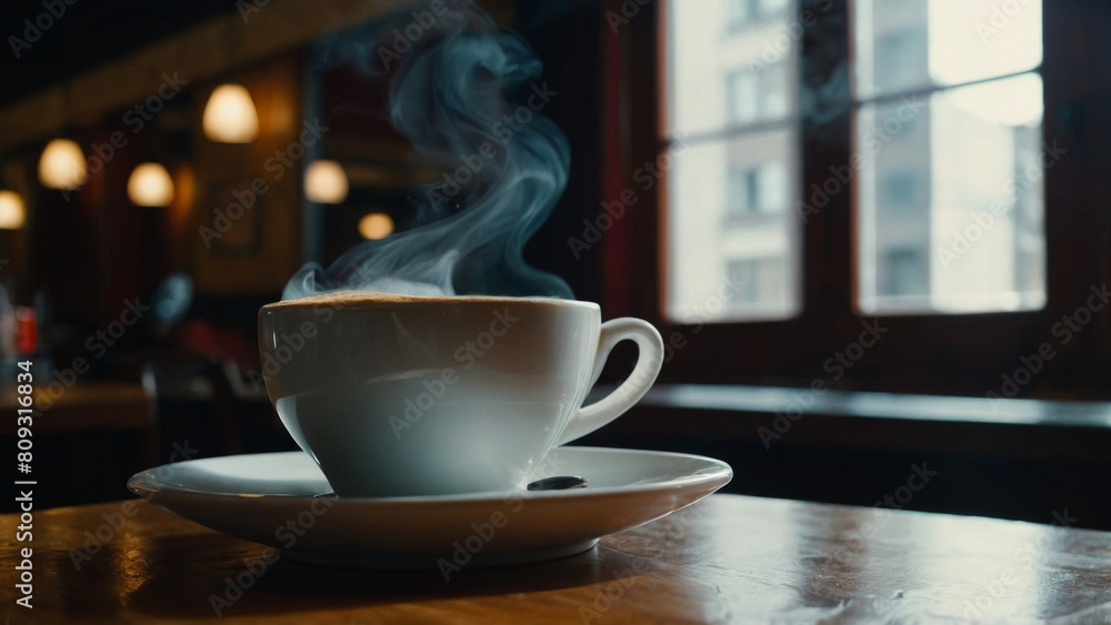 A steaming cup of coffee sits on a wooden table in a cozy café, with soft lighting and a warm atmosphere in the background. The scene evokes a sense of comfort and relaxation perfect for enjoying a qu A steaming cup of coffee sits on a wooden table in a cozy café, with soft lighting and a warm atmosphere in the background. The scene evokes a sense of comfort and relaxation perfect for enjoying a qu