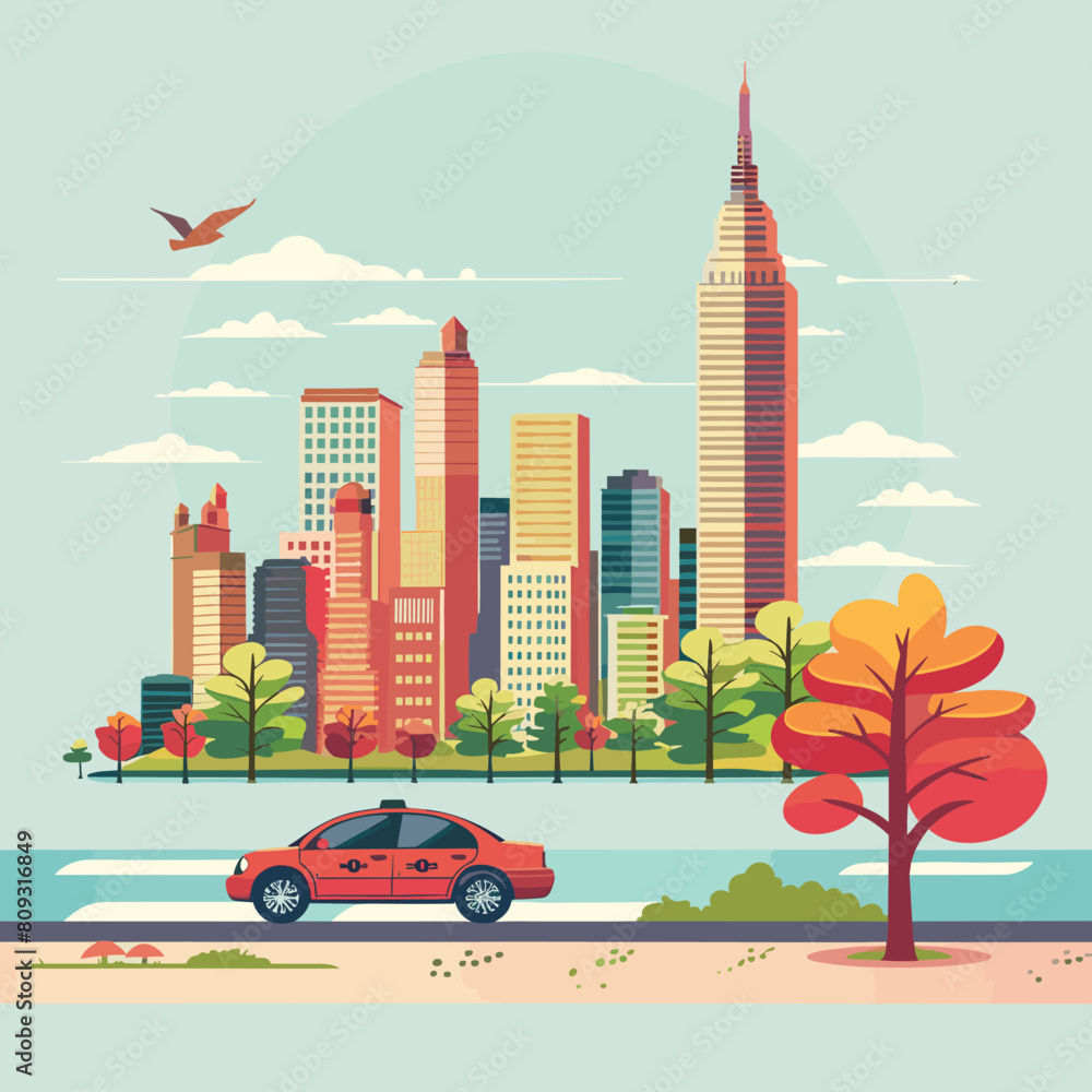 Modern cityscape with skyscrapers, trees and lake. Vector illustration