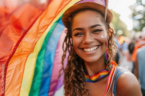 Woman Celebrating at Pride Parade With Colorful Rainbow Flag photo