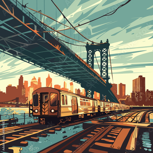 Train on the Brooklyn Bridge, New York City, vector illustration.