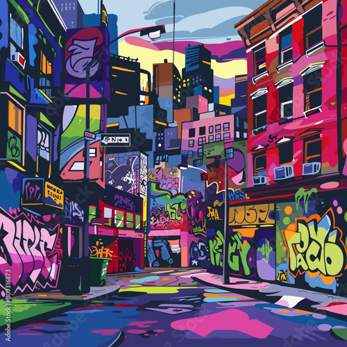 Vector illustration of a street in New York City, USA. Street art and graffiti.