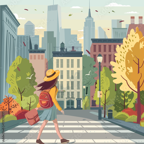 Vector illustration of a girl walking in the city with a backpack.