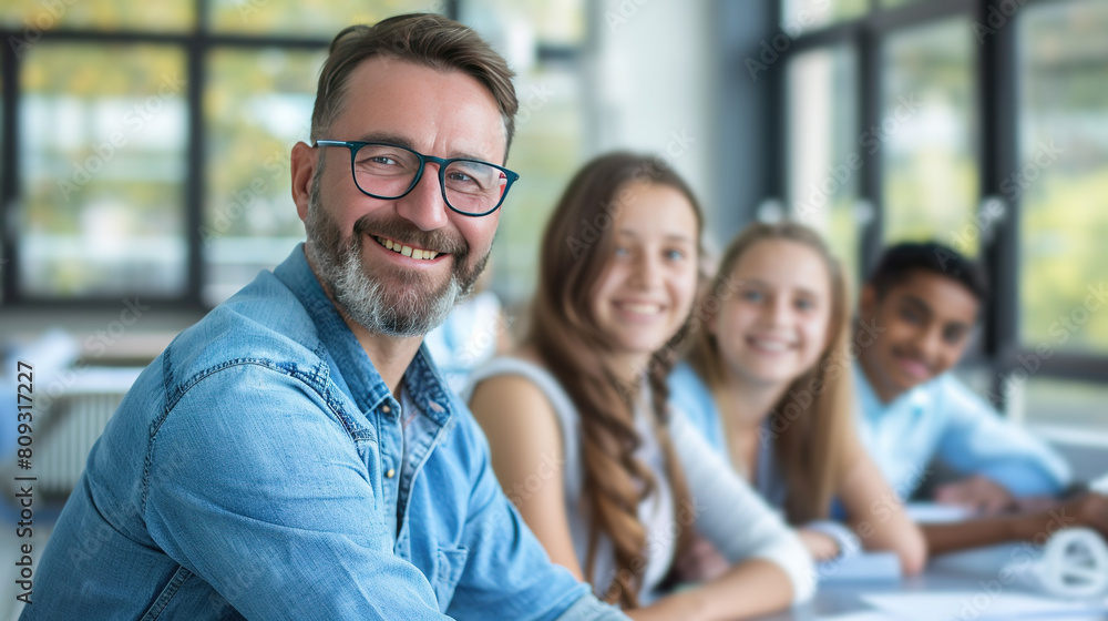 smiling Caucasian middle-aged adult male teacher with his students at school smiling looking at the camera. concept of teaching children at school modern approach smiling Caucasian middle-aged adult male teacher with his students at school smiling looking at the camera. concept of teaching children at school modern approach