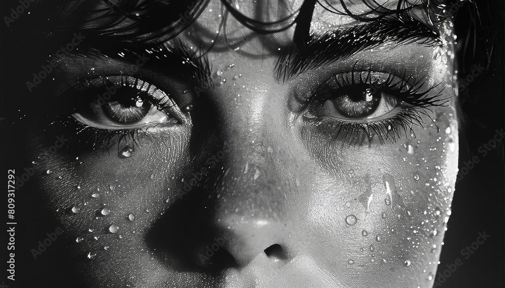 A close-up of a woman's face, her eyes are wet and her skin is glistening with water droplets. She is looking at the camera with a serious expression. A close-up of a woman's face, her eyes are wet and her skin is glistening with water droplets. She is looking at the camera with a serious expression.
