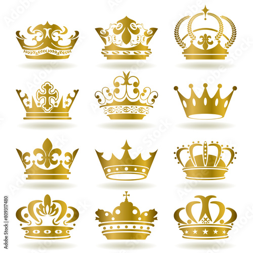 Set of 3d golden crown icons. Royals crown symbol collection. Crown gold icons set. Golden crown silhouette set. Crown golden symbol collection. Gold crown symbol signs. vector illustration