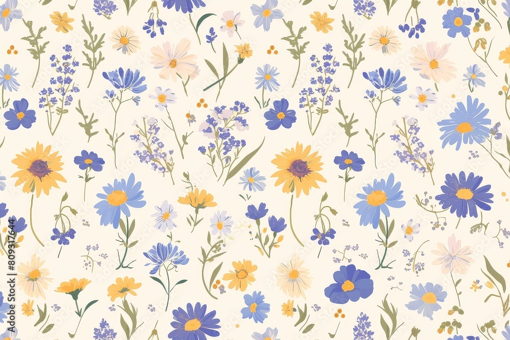 Delicate daisies and forget-me-nots creating a charming and whimsical seamless pattern Delicate daisies and forget-me-nots creating a charming and whimsical seamless pattern