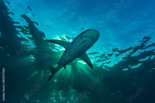 Blacktip shark (Carcharhinus limbatus), under the water surface, sunlight, Atlantic Ocean, Caribbean, Bahamas, Central America photo