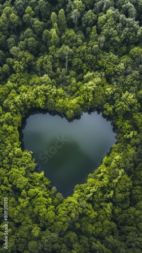 Heart-shaped lake surrounded by lush green forest © cac_tus